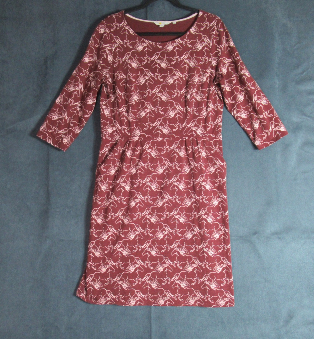 BODEN Dress Womens Size 12 Brown Horse Print Penny Jersey Midi Cotton Preppy Lux